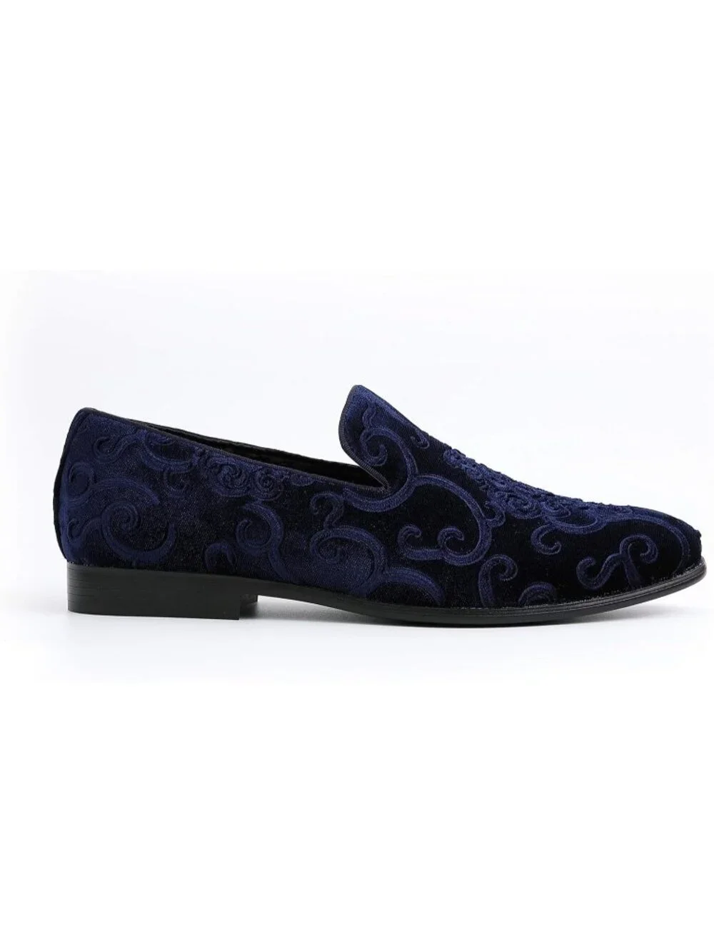 Amali Men's Navy Paisley Embossed Velvet Loafers Satin Trim Slip On Tuxedo Shoes